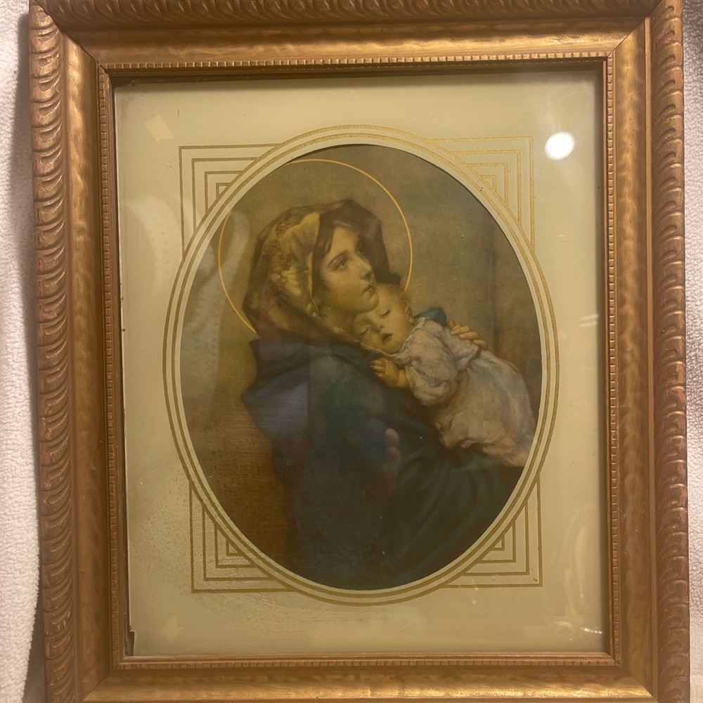 Vintage Madonna and Jesus picture and frame with glass